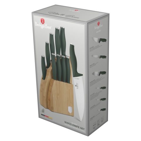 Noże kuchenne | Zestaw 9 noży w stojaku bambusowym BerlingerHaus Matte Green BH-3123