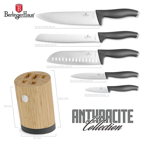 Noże kuchenne – zestaw 5 szt. w stojaku bambusowym Berlinger Haus Anthracite BH-2672