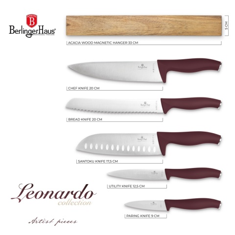 Noże kuchenne | Komplet 5 noży z listwą magnetyczną BerlingerHaus Leonardo BH-2944