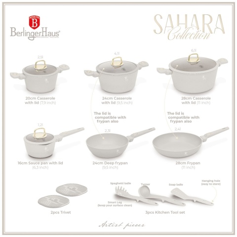 Zestaw 15 el. garnki, patelnie, akcesoria BerlingerHaus Sahara BH-8081| OUTLET