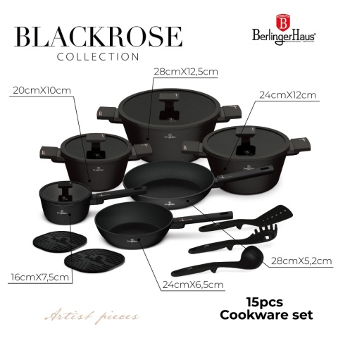 Zestaw 15el. garnki, patelnie, akcesoria BerlingerHaus Black Rose BH-8463
